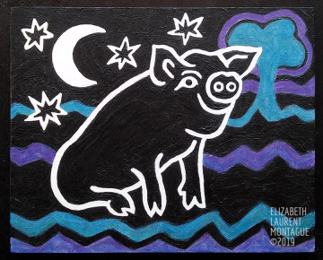 Painting of Pig smiling at night